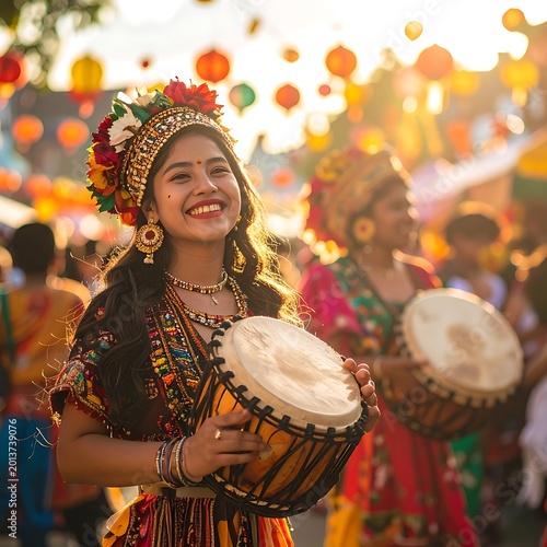 Woman playing drum in festive Indian celebration.