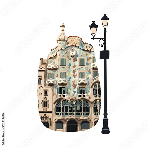 Artistic Modernist Building Facade in Barcelona with Street Lamp