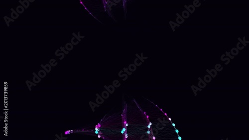 Abstract 3D DNA double helix network visualization featuring glowing synaptic connections in a neon violet and cyan spectrum. Seamless loop of sweeping scanner waves and data activity. 4K UHD.
