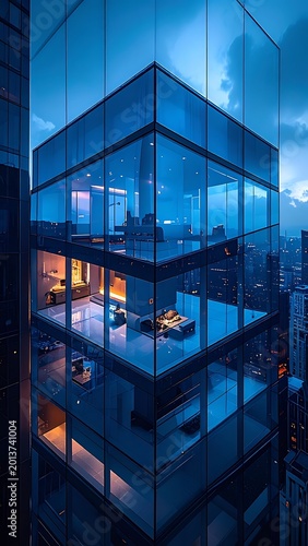 Modern office building at dusk exterior.