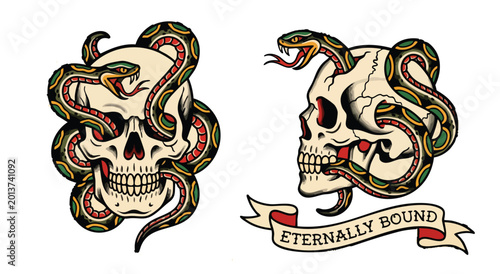 Obraz na płótnie Vintage skull tattoo designs with entwined snakes and banner