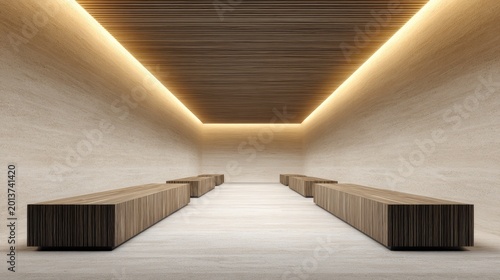 Modern minimalist interior design showcasing wooden benches and soft lighting in a spacious, serene environment