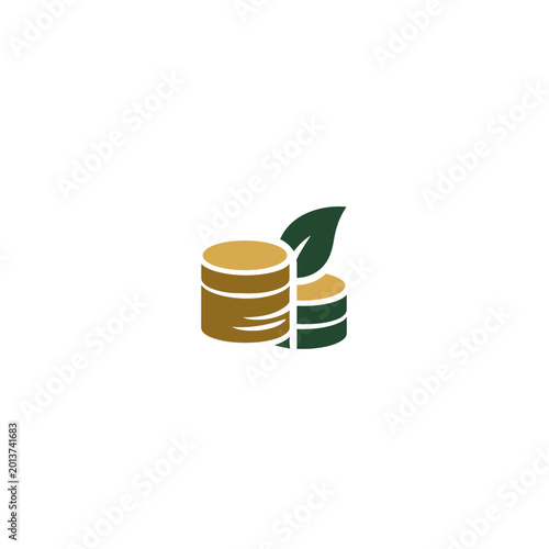 Graphic illustration features stacks of coins and a green leaf, signifying finance and nature