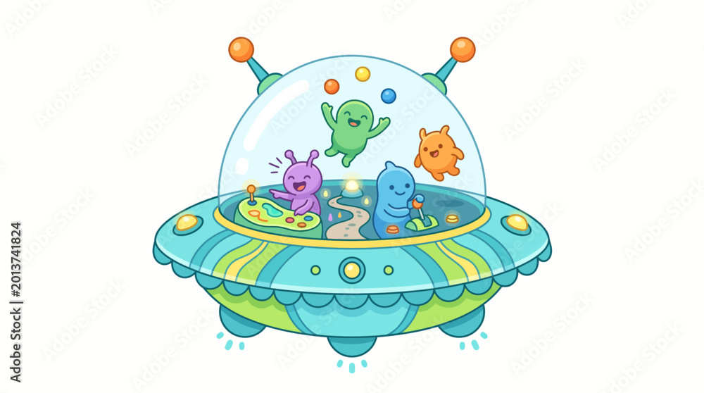 Naklejka premium Alien creatures play inside a colorful flying saucer in space with fun elements