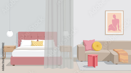 Fotografie Modern studio apartment interior with bedroom and living room separated by a cur