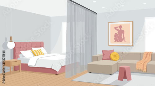 Obraz na płótnie Open plan studio apartment with bedroom and living area separated by a sheer cur
