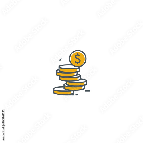 A stack of golden coins with dollar sign icon on a white background, financial symbol