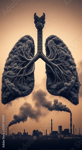 Industrial smoke plumes transform into diseased lungs against a hazy sky