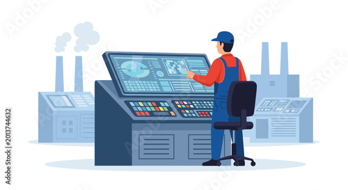 An industrial plant supervisor in blue overalls interacts with a large digital control dashboard at a manufacturing station surrounded by factory exhaust towers.