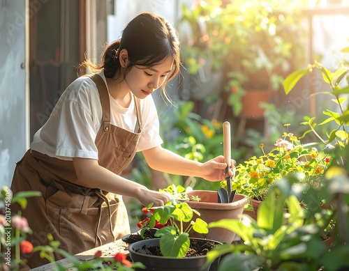 Woman gardening in a sunny backyard.