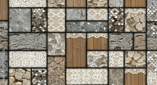 Abstract geometric collage with wood, lace, stone, and fish scale textures