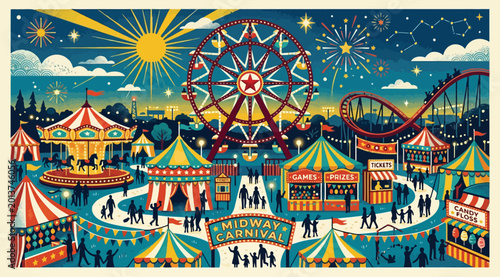 Foto Midway carnival fairground with ferris wheel and rides
