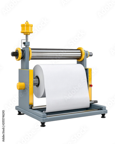 A modern industrial machine designed for rolling and dispensing a large roll of paper towel or similar material with metal and yellow components.