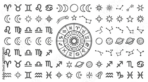 Bild auf Leinwand Astrology and zodiac symbols set with constellations, moon phases, planets, and