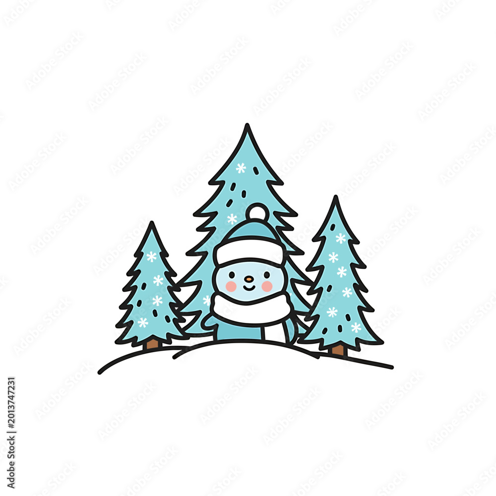 Fototapeta premium Cute Snowman with Winter Scarf and Hat Standing in Pine Forest