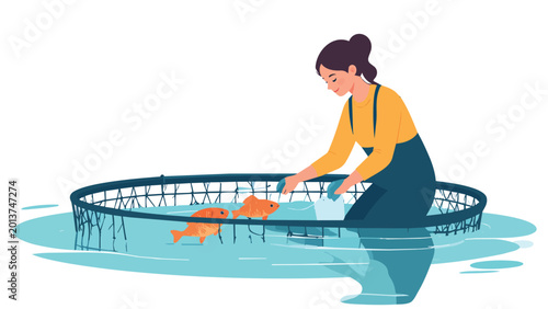 Young female fish farmer checking and managing fish in a fish pond or aquaculture facility. Flat design vector illustration.
