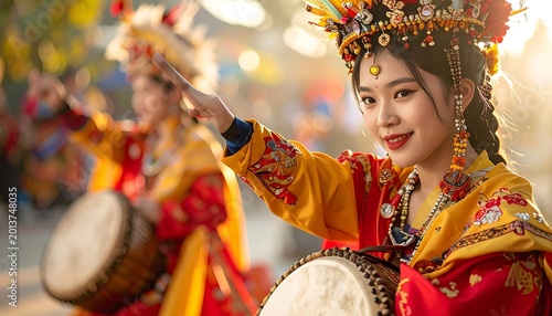 Woman in traditional dance costume playing drum.