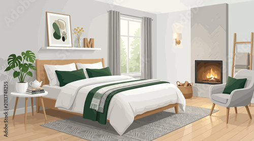Foto Cozy bedroom interior with fireplace, double bed, and green accents