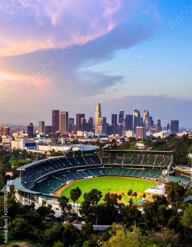 Stadium nestled in urban landscape under a vibrant sunset sky, overlooking city's skyline