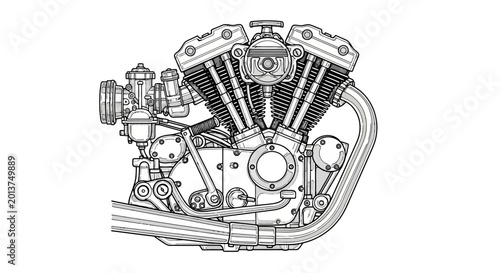 Schilderij op canvas Detailed Realistic Illustration of V-Twin Motorcycle Engine with Visible Gears o