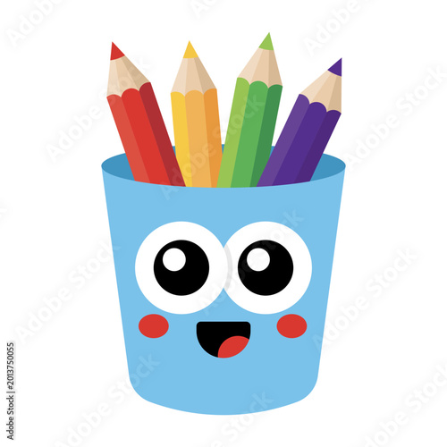 Fotografía Cute pencil cup character with colorful pencils illustration isolated on transpa