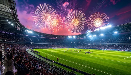 Stadium view fireworks explode over a bustling sports field, observed by a captivated audience