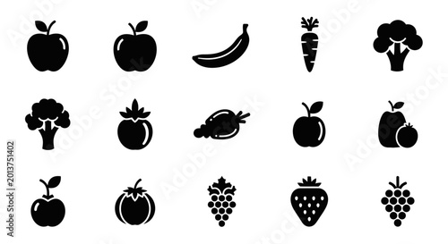 Canvas Print Solid black fruits and vegetables icons collection on an isolated white background, wholesome food symbols