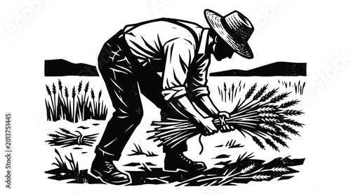 Foto Woodcut illustration of a farmer harvesting wheat in a field