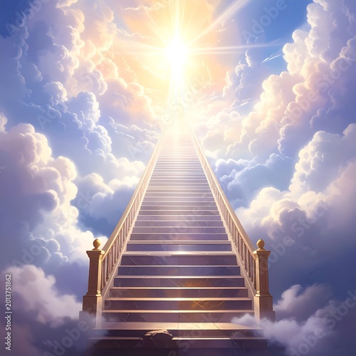 Staircase ascends through fluffy white clouds into bright, heavenly sunlight