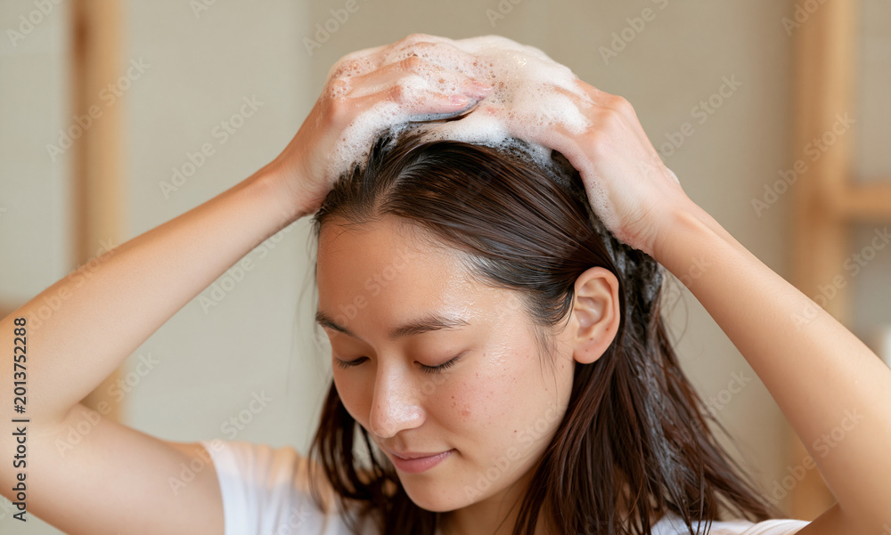 Fototapeta premium young Asian woman, washing hair