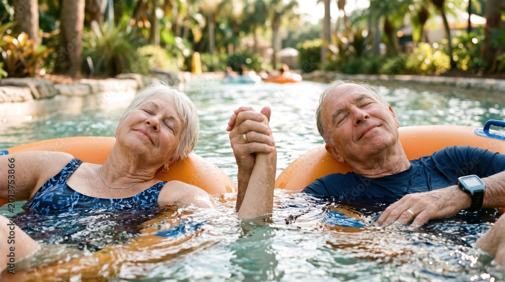 Fototapeta premium Senior Couple Holding Hands Relaxing in Lazy River at Resort