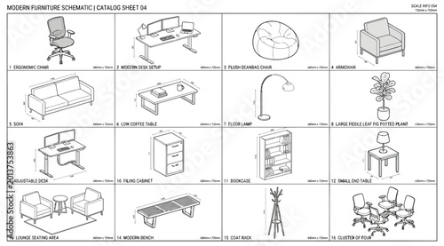 Bilde på lerret Modern furniture schematic catalog sheet with isometric views