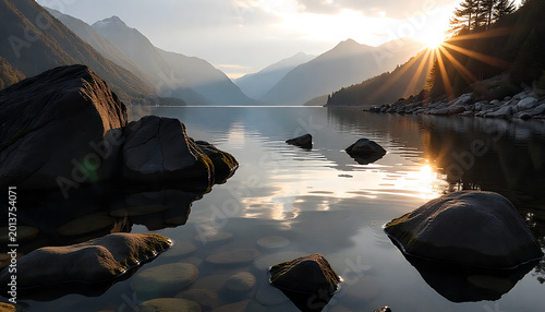 Sunrise over rocky lakeshore with mountain reflections in alpine valley
