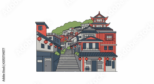 A picturesque drawing of a tiered cityscape with traditional buildings and stairways