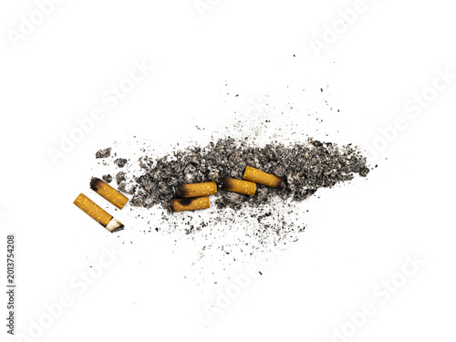 Canvastavla Cigarette butts and gray ash scattered on white surface, minimal studio still life highlighting smoking pollution and health risk