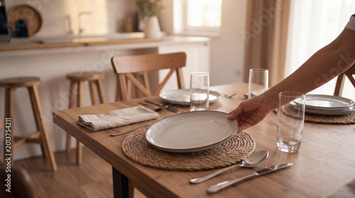 Canvastavla Close up of a person setting a modern dining table with plates and glasses for a family meal