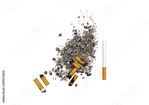 Fotografía Overhead view of broken cigarettes and ash scattered on Transparent background, smoking cessation concept with copy space