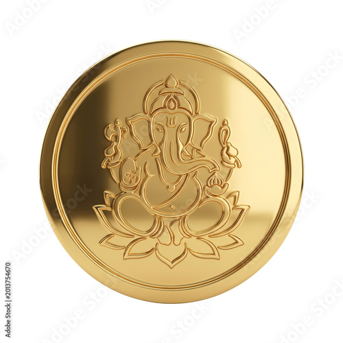 Golden Ganesha Coin Isolated on White Background