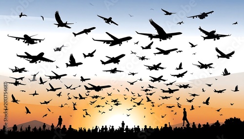 Silhouetted planes and birds fly over a crowd against a vibrant orange sunset and blue sky