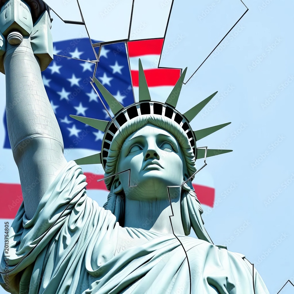 Obraz premium Statue fragmented in shattered mirror, US flag reflected, symbolizing national crisis, decay, problems