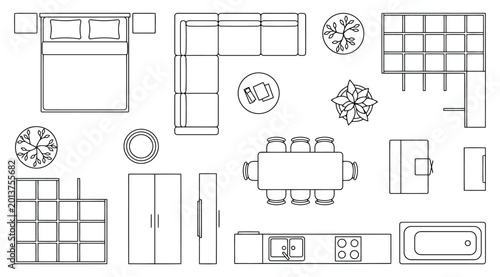 Schilderij op canvas Set of furniture icons for interior design floor plan, top view