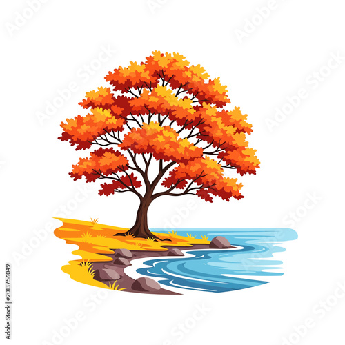 Vibrant orange fall tree standing by a peaceful blue lake shore