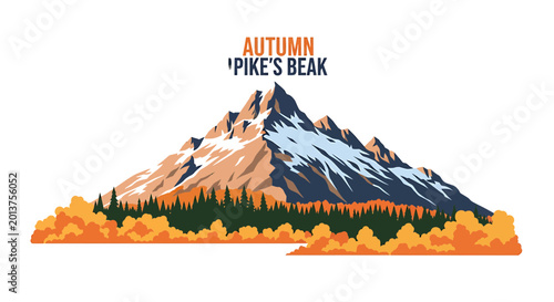 Majestic snowy mountain peak with autumn forest landscape