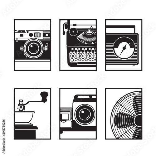 Tableau sur toile Vintage Retro Equipment Icon Set with Classic Camera, Typewriter, Radio, Coffee