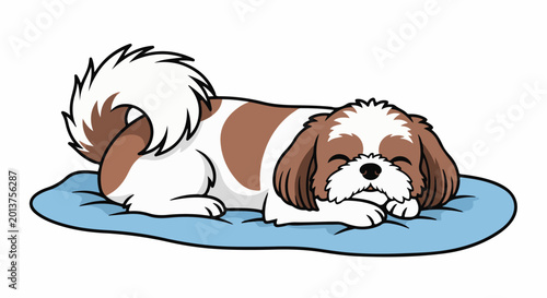A fluffy brown and white dog sleeps peacefully on a blue cushion