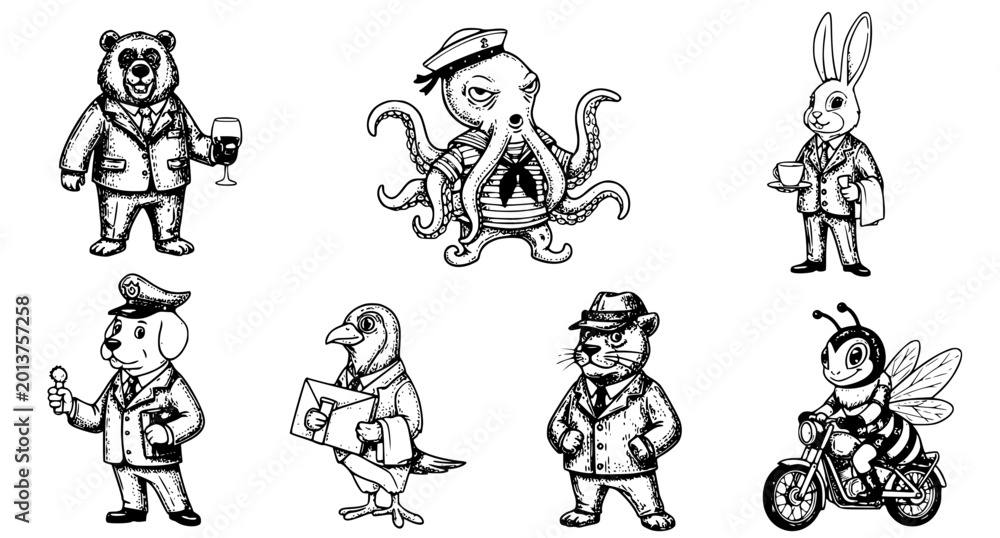 Fototapeta premium Set of hand drawn anthropomorphic animal characters dressed in professional business attire and hobbies including a bear octopus rabbit dog bird cat and bee in a whimsical black and white ink sketch