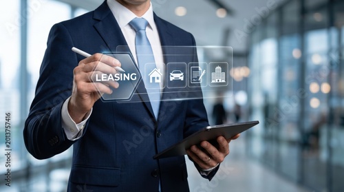 Professional businessman interacting with leasing concept icons including house, car, contract, and building on virtual screen, representing real estate and vehicle rental