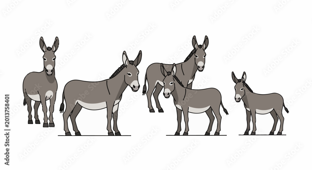 Obraz premium A herd of five grey cartoon donkeys stands against a white background