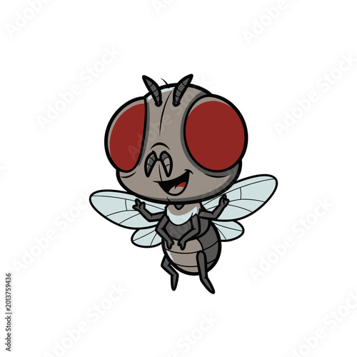Cartoon house fly character with large red compound eyes and grey body, smiling and hovering with spread wings, isolated on a white background, vector illustration mascot design.