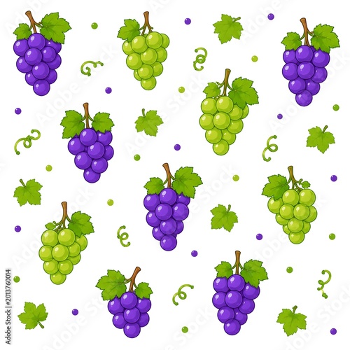 A vibrant seamless pattern featuring cartoon-style bunches of purple and green grapes with leaves, vines, and berries on a white background.